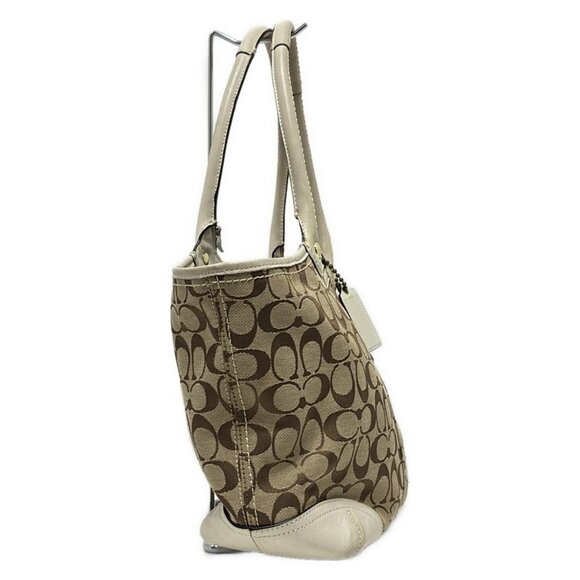Auth COACH Bleecker Signature Tote 12369 Khaki Cream Jacquard Leather Tote Bag - Picture 9 of 11
